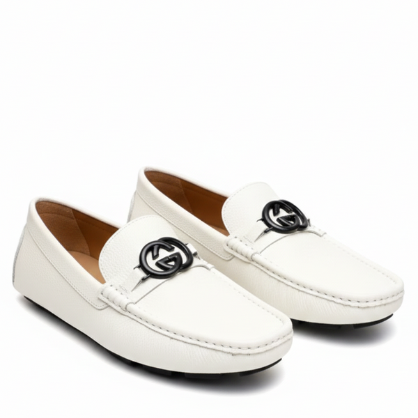 Men’s White Leather Loafers Classic Designer Style with Icon Detail