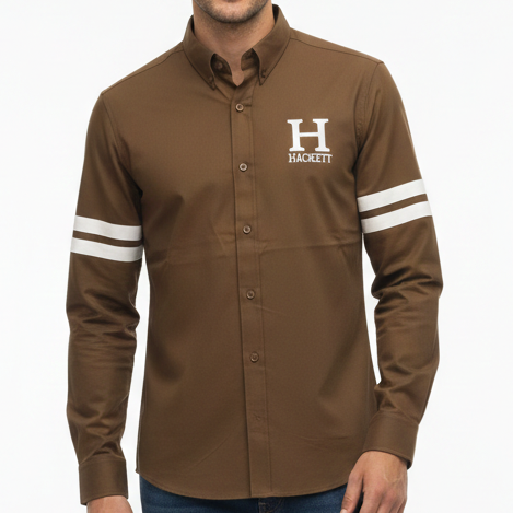 Men’s Premium Brown Casual Shirt with Button-Down Collar & Sleeve Stripes