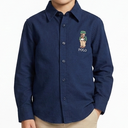 Kid's Classic Navy Button-Down Shirt with Polo Bear Embroidery