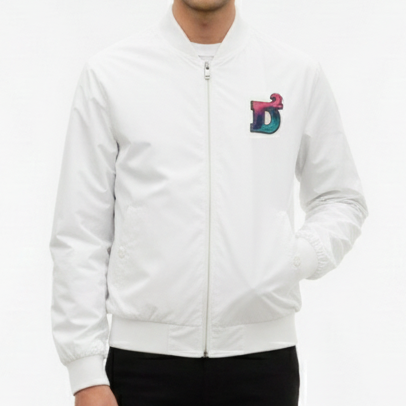 Stylish White Men’s Zip-Up Bomber Jacket with Logo Patch
