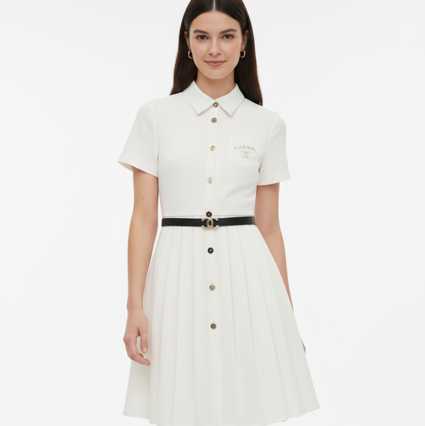 Elegant White Button-Down Pleated Shirt Dress with Logo Belt
