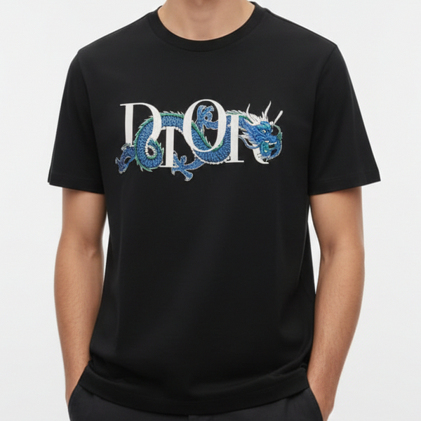 Luxury Black Dragon Print Designer Drop Shoulder T-Shirt