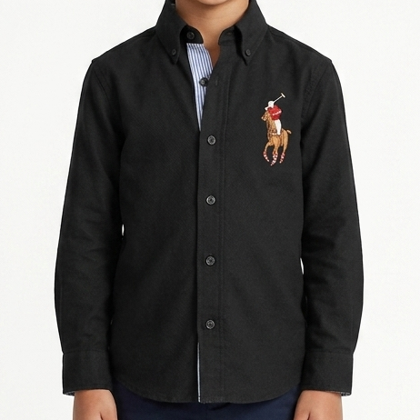 Kids Premium Black Polo Shirt With Brand Logo  Button-Down Style