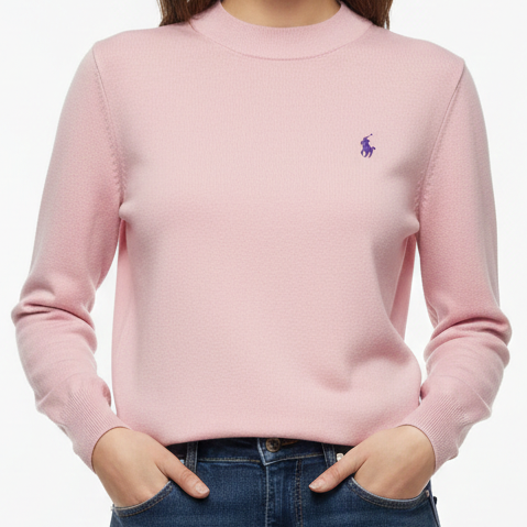 Women’s Soft Pink Crew-Neck Sweater Elegant Casual Knitwear