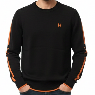 Premium Black Crew Neck Pullover with Orange Stripe Detail