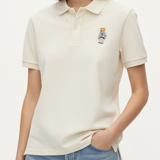 Branded Cream Polo Bear Embroidered Polo T-Shirt