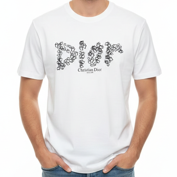Elegant Floral Logo White Drop Shoulder T-Shirt Luxury Casual Style