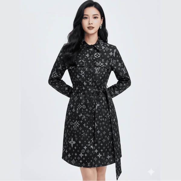 Luxury Monogram Print Long Sleeve Shirt Dress with Belt