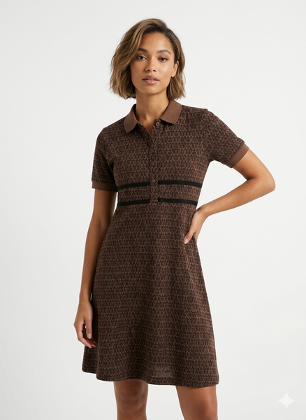 Elegant Women’s Brown Printed Polo Dress Classic Chic Everyday Wear