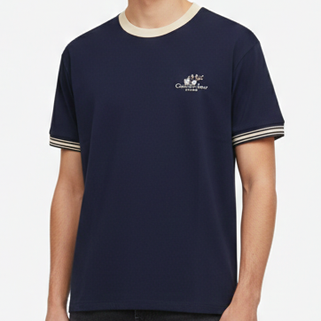Premium Oversized Navy Blue T-Shirt with Contrast Collar & Striped Sleeves