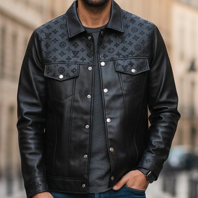 Premium Black Leather Jacket with Signature Monogram Design