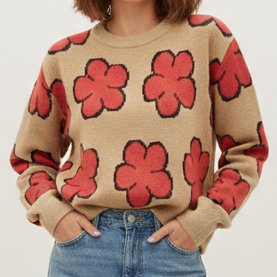 Beige Floral Knit Sweater with Bold Red Flower Print