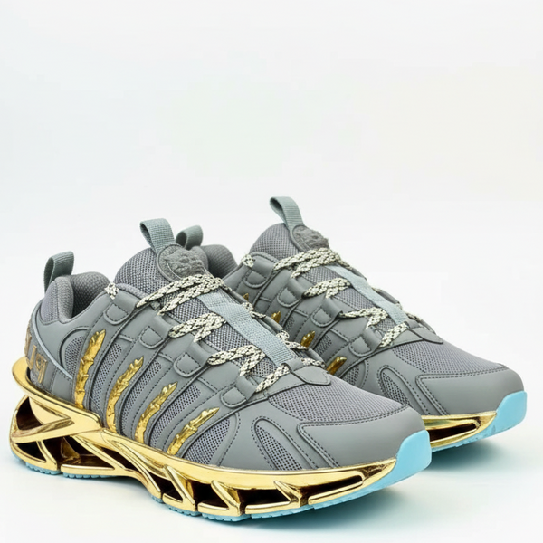 Men’s Grey Luxury Sport Sneakers with Gold Sole Design