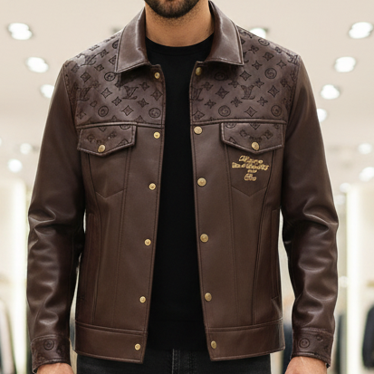 Luxurious Brown Leather Jacket with Monogram Pattern