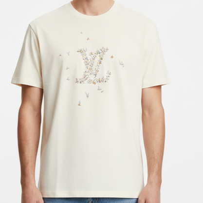 Men’s Imported Cream Artistic Design  Drop  Shoulder  T-Shirt