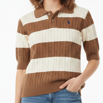 Women’s Brown & White Striped Cable-Knit Polo Tee