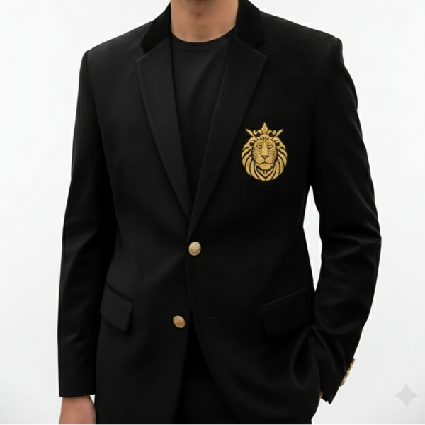 Luxury Black Men’s Blazer with Royal Gold Emblem Detail