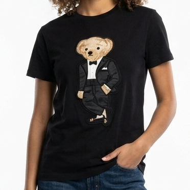 Women's Premium Teddy Bear Embroidered  Black T-Shirt