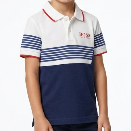 Kids  Premium Colorblock Polo T-Shirt – White & Navy with Stripe Design