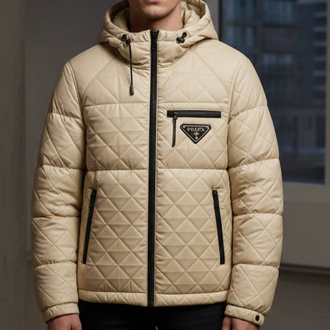 Luxury Beige Quilted Hooded Puffer Jacket with Black Zip Detailing