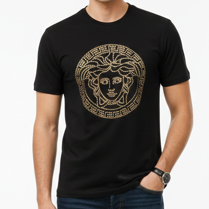 Gold Medusa Print Black Luxury T-Shirt