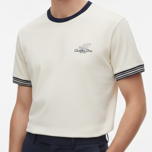 Imported Off-White Oversized T-Shirt with Navy Contrast Collar & Sleeve Stripes