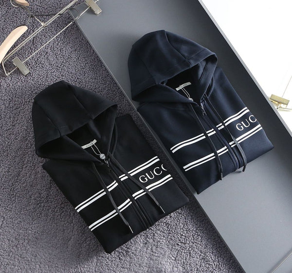 Imported Logo-Print Striped Zip-Up Hoodie