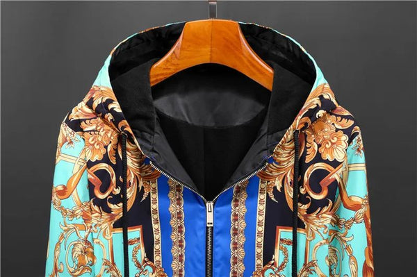 Premium Baroque Printed Blue Golden Zip Up  Hoodie Jacket