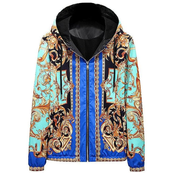 Premium Baroque Printed Blue Golden Zip Up  Hoodie Jacket