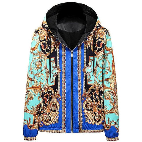 Premium Baroque Printed Blue Golden Zip Up  Hoodie Jacket