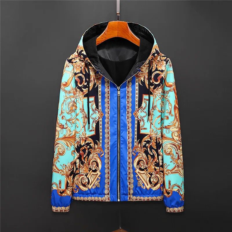 Premium Baroque Printed Blue Golden Zip Up  Hoodie Jacket