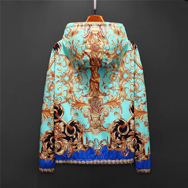 Premium Baroque Printed Blue Golden Zip Up  Hoodie Jacket