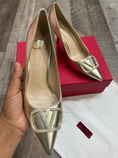Premium Brand  V Logo Embellished Pump Heel Sandal