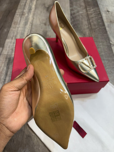 Premium Brand  V Logo Embellished Pump Heel Sandal