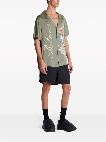 Imported  Tiger-Print Cuban Collar Drop Shoulder Shirt