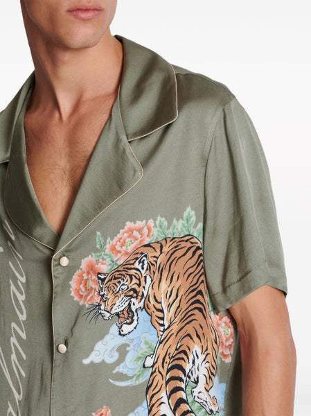 Imported  Tiger-Print Cuban Collar Drop Shoulder Shirt