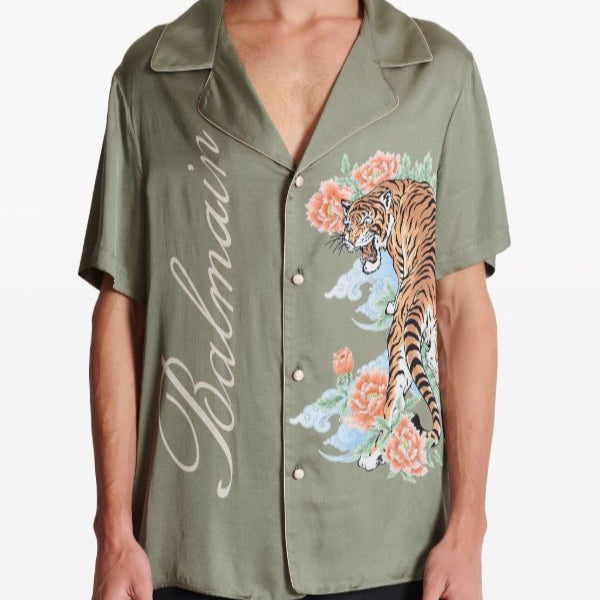 Imported  Tiger-Print Cuban Collar Drop Shoulder Shirt