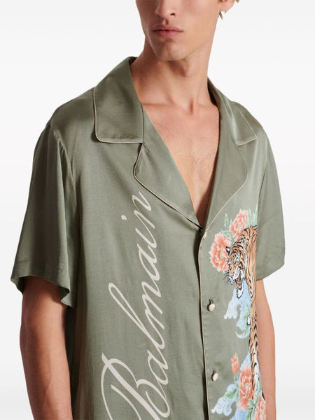 Imported  Tiger-Print Cuban Collar Drop Shoulder Shirt