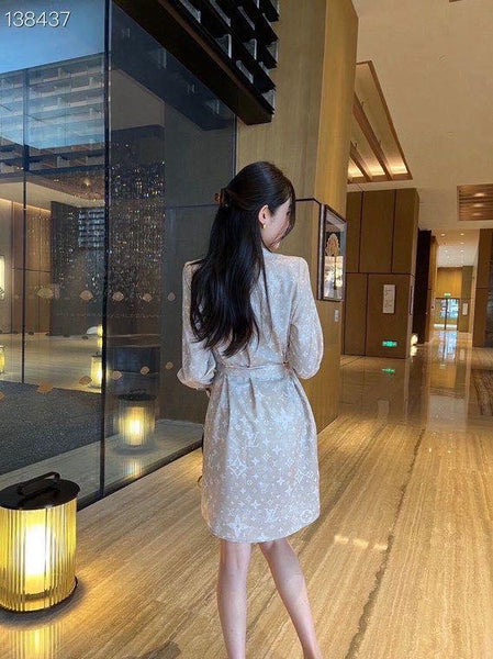 Designer Inspired Beige Monogram Shirt Dress with Waist Tie