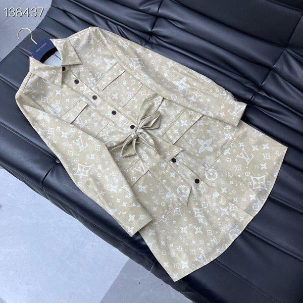 Designer Inspired Beige Monogram Shirt Dress with Waist Tie