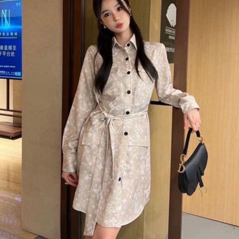 Designer Inspired Beige Monogram Shirt Dress with Waist Tie