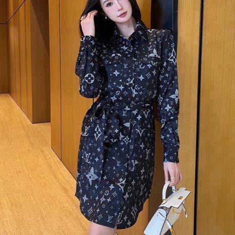 Luxury Monogram Print Long Sleeve Shirt Dress with Belt