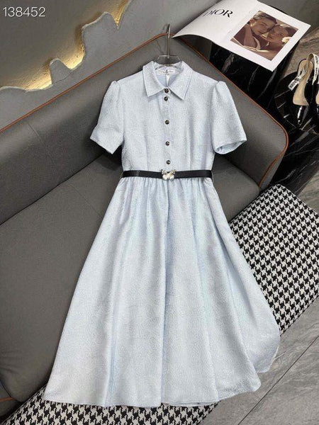 Elegant Collared Short Sleeve Fit & Flare Midi Dress with Waist Belt