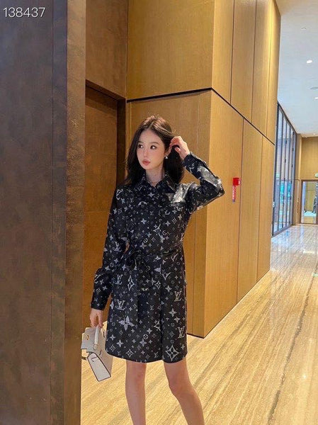 Luxury Monogram Print Long Sleeve Shirt Dress with Belt