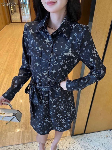 Luxury Monogram Print Long Sleeve Shirt Dress with Belt