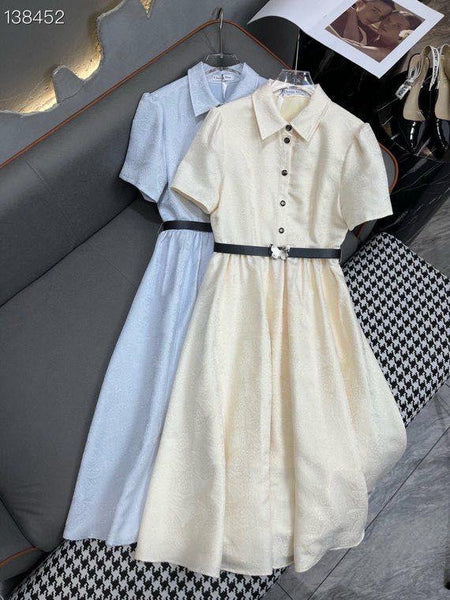 Elegant Collared Short Sleeve Fit & Flare Midi Dress with Waist Belt