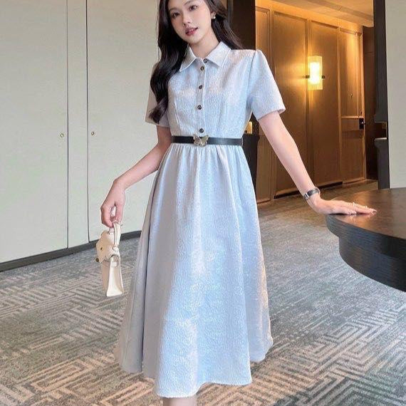 Elegant Collared Short Sleeve Fit & Flare Midi Dress with Waist Belt