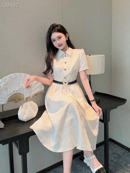 Elegant Collared Short Sleeve Fit & Flare Midi Dress with Waist Belt