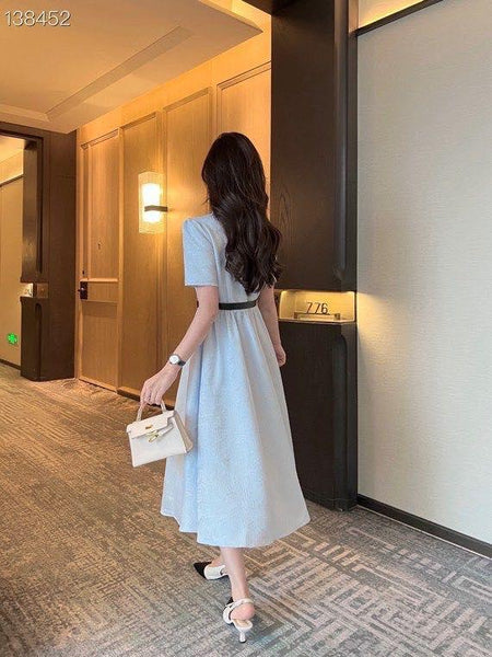 Elegant Collared Short Sleeve Fit & Flare Midi Dress with Waist Belt