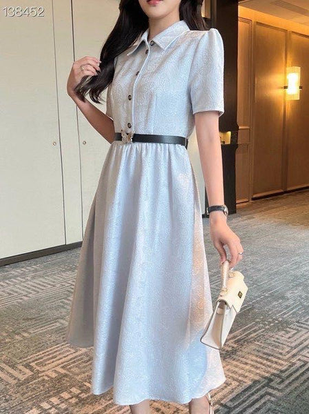 Elegant Collared Short Sleeve Fit & Flare Midi Dress with Waist Belt